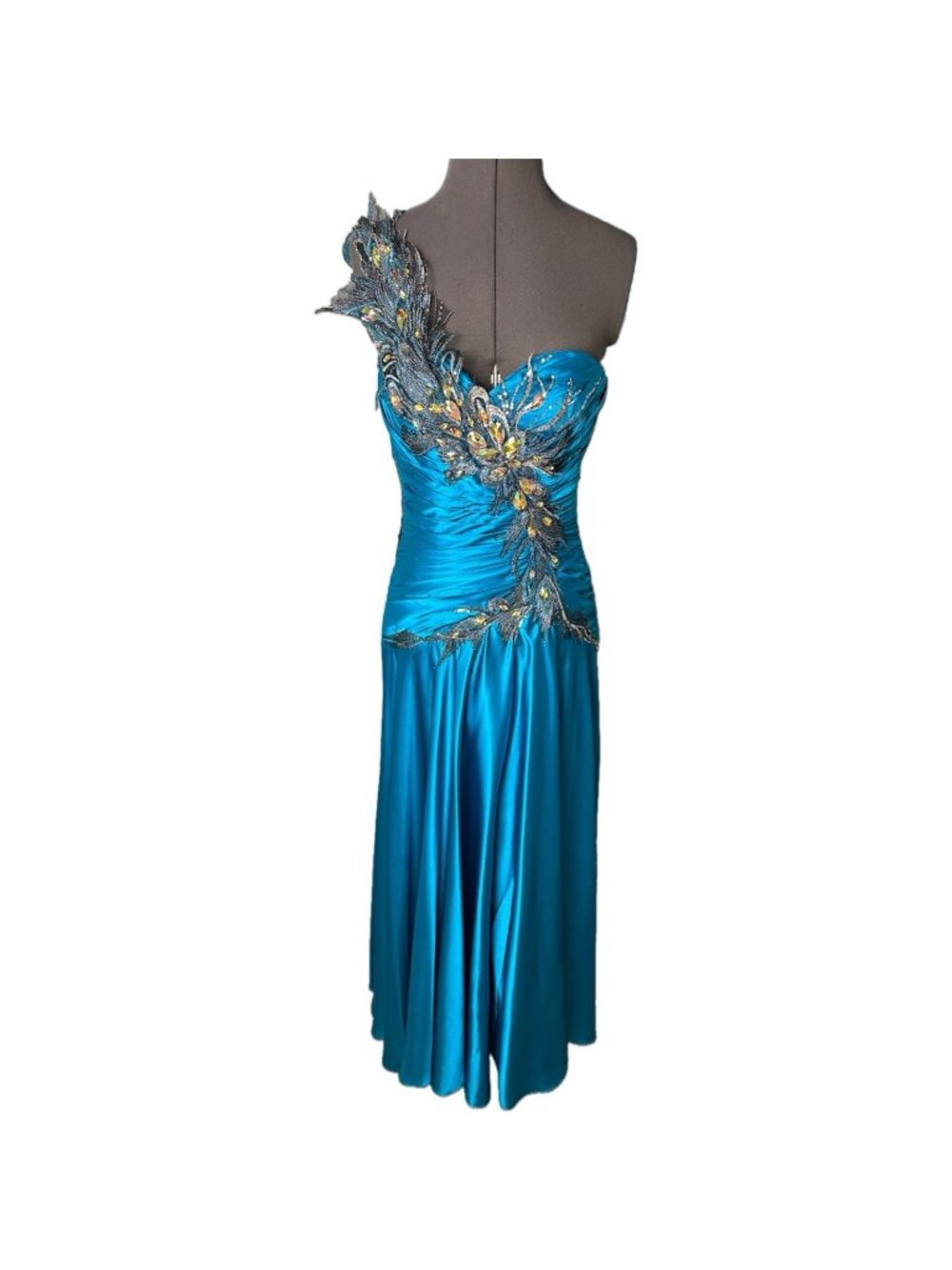 Tony Bowls Y2k Womens Teal Floral Satin One Shoulder Whimsigoth Prom Dress 6 S